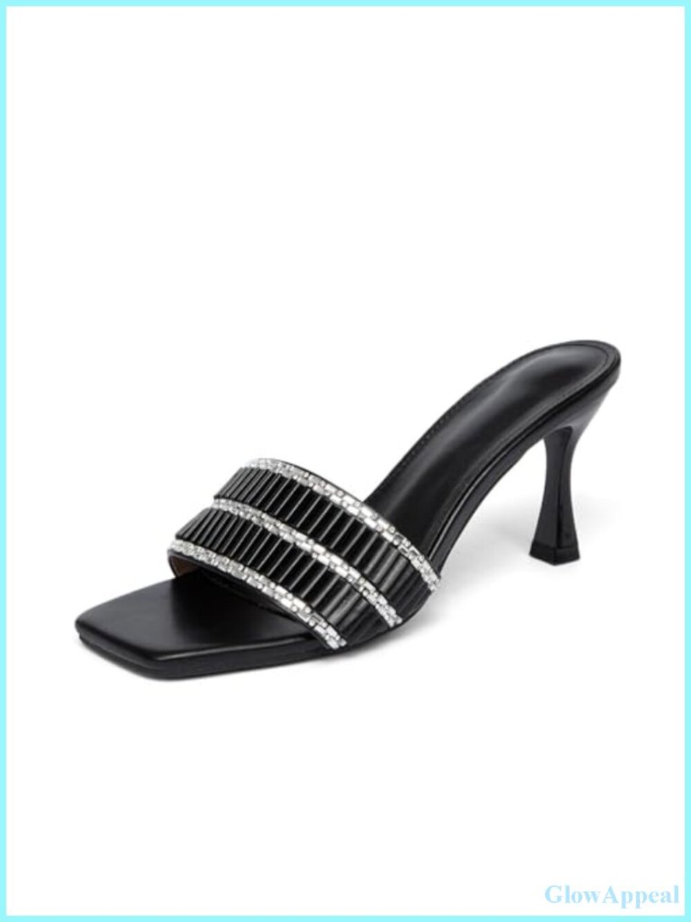 Faux Leather Rhinestone Kitten Heel Mules Square Toe Slip On Sandals